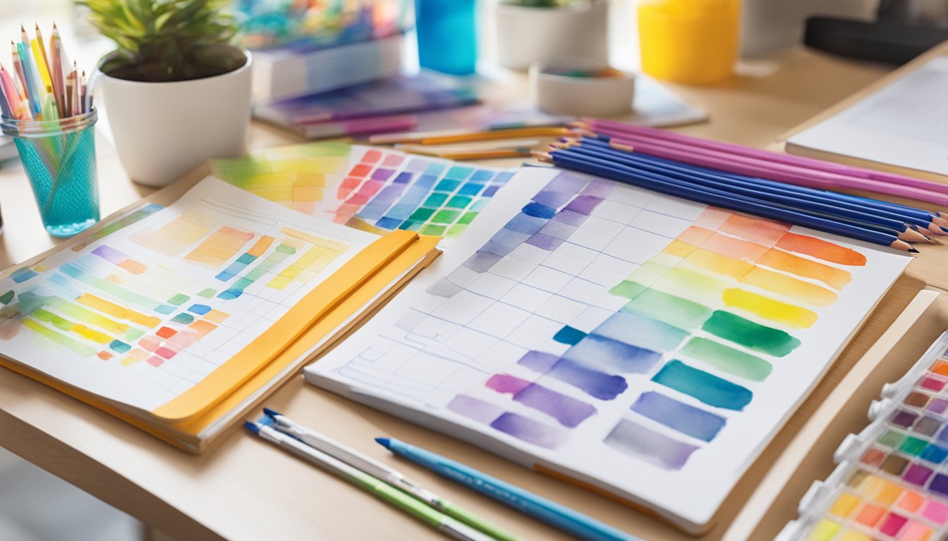 A stack of Praxis Core 7 study guides sits on a desk, surrounded by pencils and highlighters.</p><p>The open books display colorful charts and diagrams