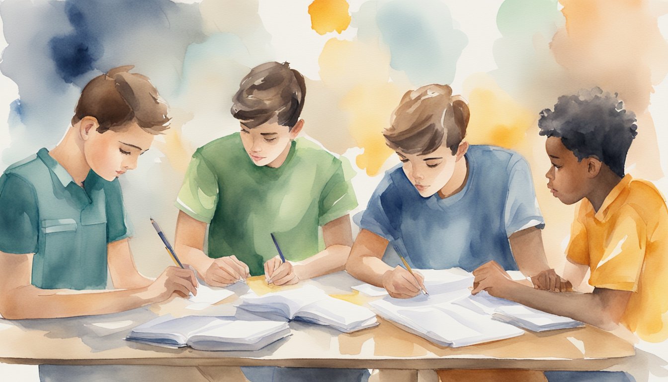 Students with ADHD sit around a table, engaged in group study.</p><p>Some use color-coded notes, others use visual aids.</p><p>The atmosphere is collaborative and focused