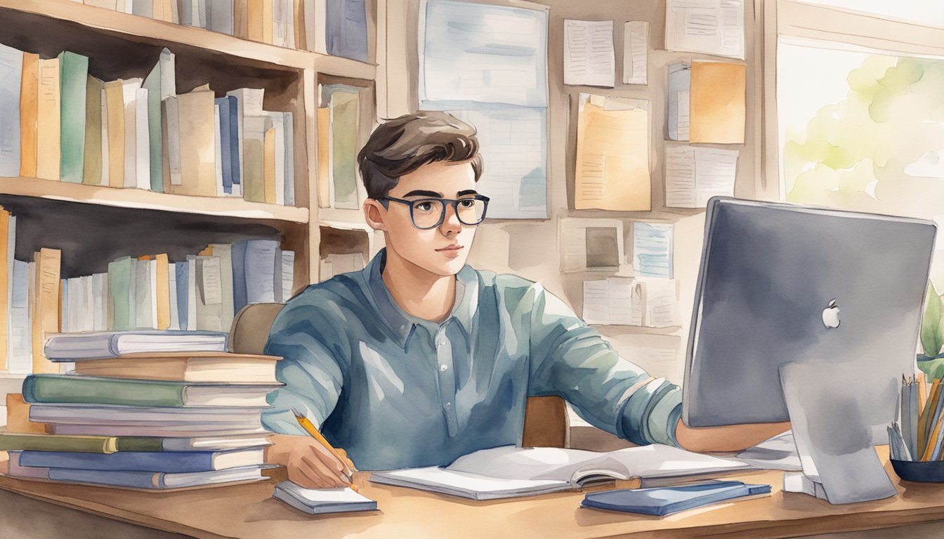 A college student sits at a desk surrounded by books, a laptop, and a bulletin board filled with internship opportunities.</p><p>They are researching and taking notes, with a determined expression on their face