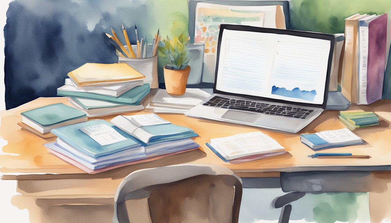 A desk with neatly organized study materials, a laptop open to a webpage on college applications, a stack of books on academic success, and a calendar with important dates highlighted