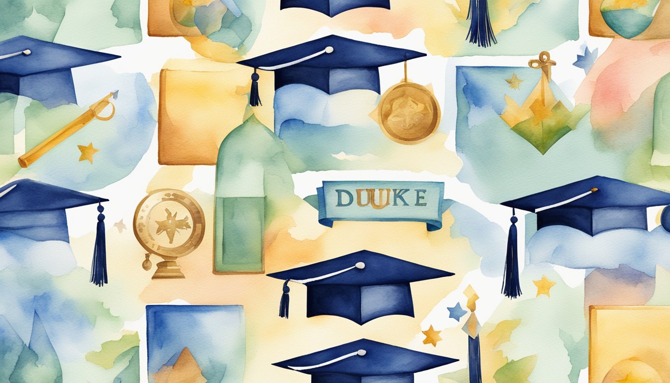 A scene depicting a graduation cap and diploma surrounded by the logos of Duke University and its 8 online colleges