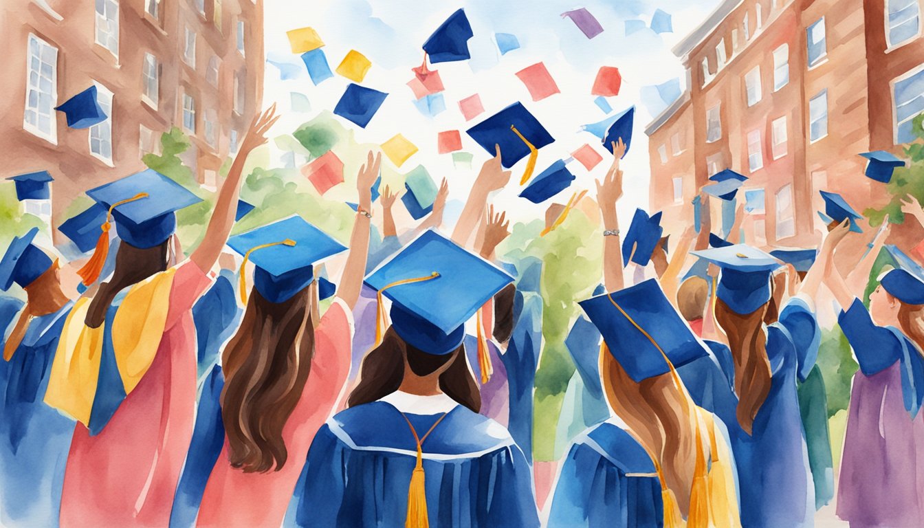 The University of Pennsylvania's 8 online colleges are depicted in a celebratory scene with high graduation rates.</p><p>Colorful caps and gowns fill the air as students celebrate their academic achievements