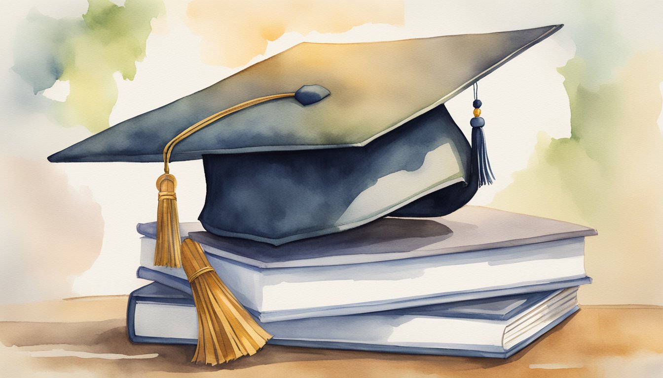 A graduation cap and diploma resting on a stack of books with the Cornell University logo prominently displayed