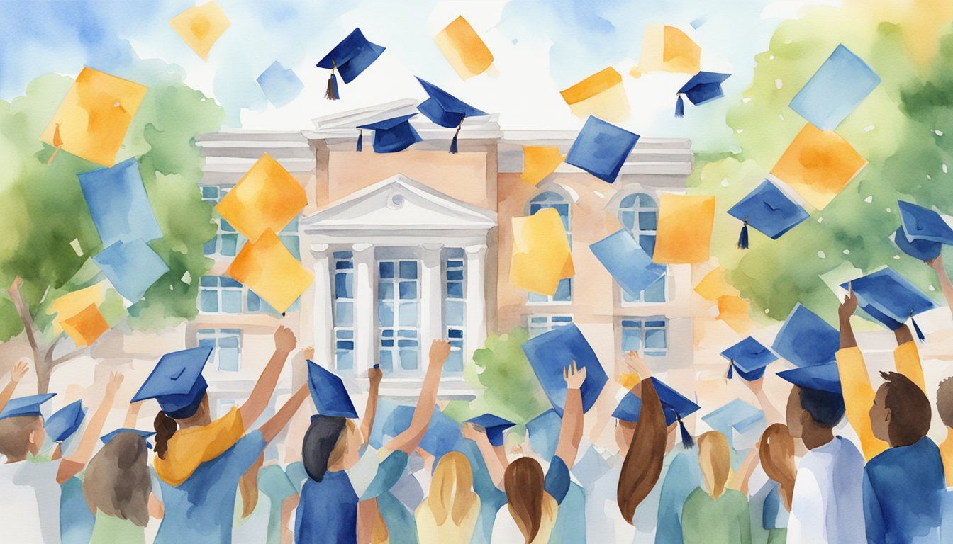 A group of online college buildings with banners displaying high graduation rates.</p><p>Students are seen celebrating and throwing caps in the air