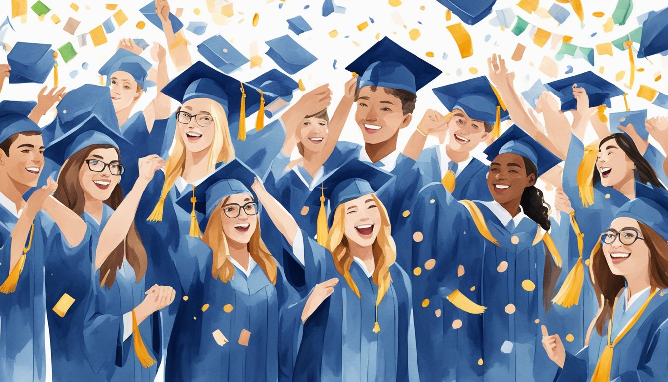 A group of graduates in caps and gowns celebrate with confetti and cheers, surrounded by banners and signs displaying the names of online colleges with the best graduation rates