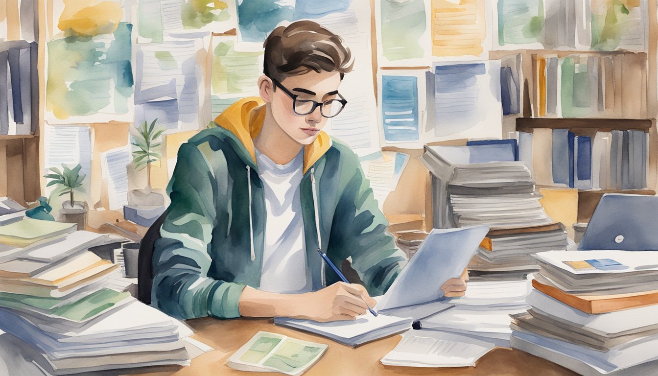 A student sits at a cluttered desk, surrounded by college brochures and a laptop.</p><p>They furrow their brow, deep in thought, as they jot down notes for their personal statement