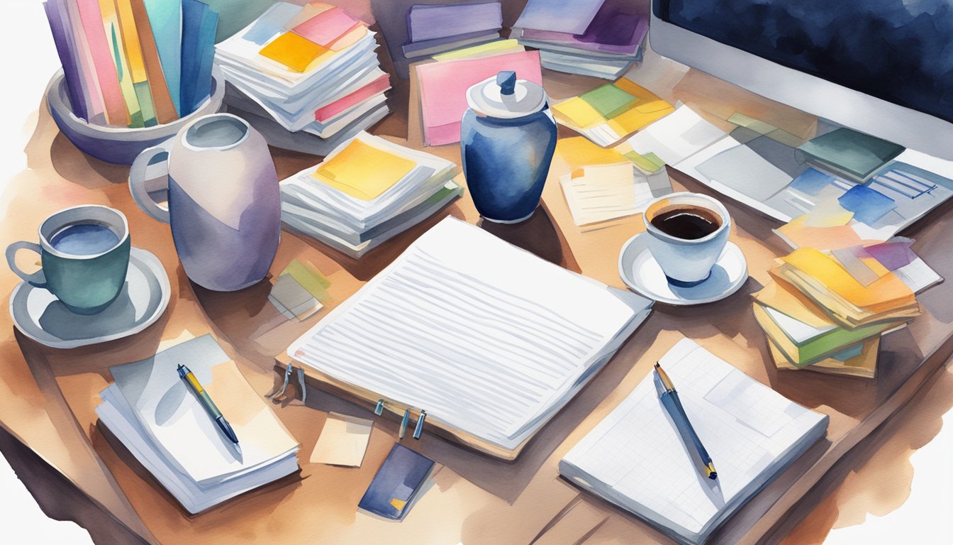 A desk with scattered papers, a laptop open to a college application website, and a stack of books on writing and academic success.</p><p>A cup of coffee sits nearby, surrounded by notes and highlighters