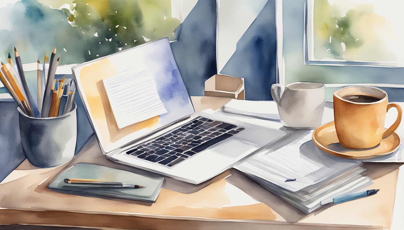 A desk with a laptop, notebook, and pen.</p><p>A poster of career pathways on the wall.</p><p>A stack of college brochures.</p><p>A cup of coffee