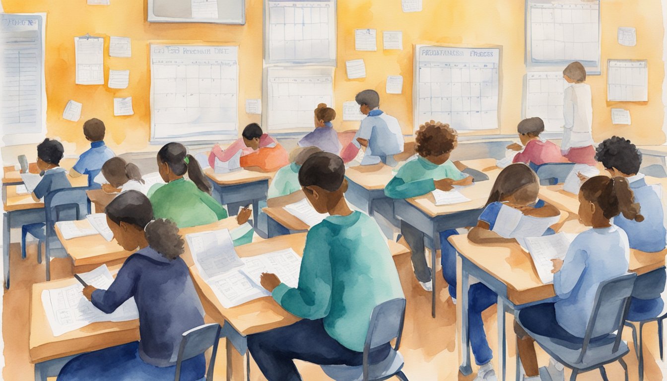 Students sitting at desks, filling in bubbles on standardized test answer sheets.</p><p>A calendar on the wall shows college application deadlines