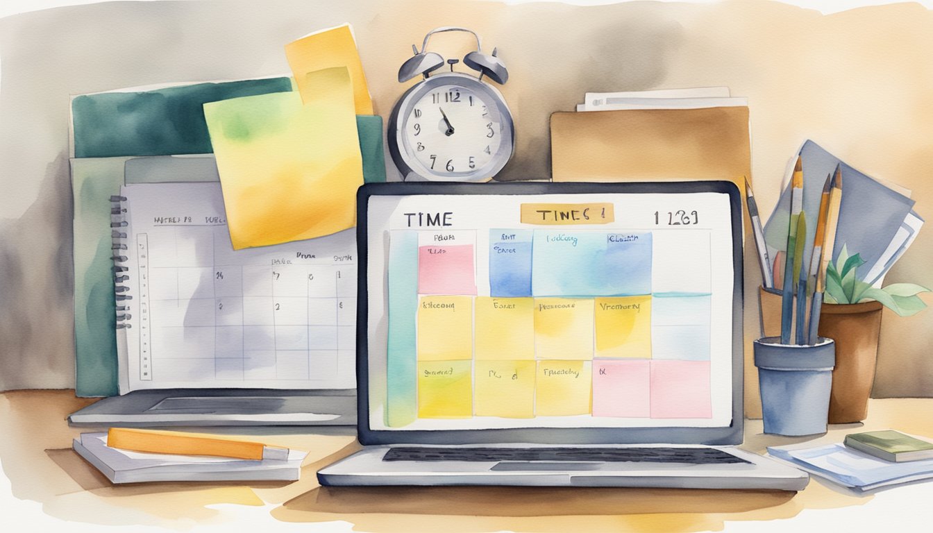 A desk with a laptop, calendar, and college brochures.</p><p>Post-it notes with deadlines and a checklist.</p><p>A clock showing time passing