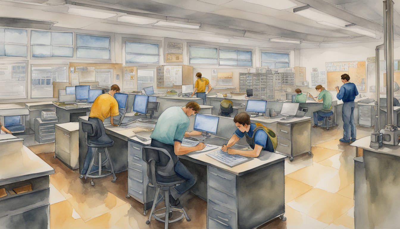 The scene depicts a classroom at Pennco Tech, with students working on HVAC equipment.</p><p>Posters and tools line the walls, creating a busy and productive atmosphere