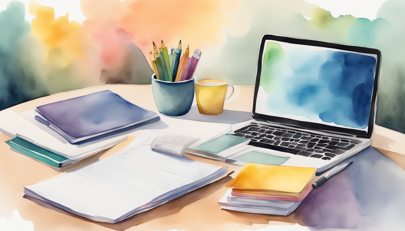 A table with colorful folders, a laptop, and a stack of papers.</p><p>A checklist and a pen sit next to a cup of coffee