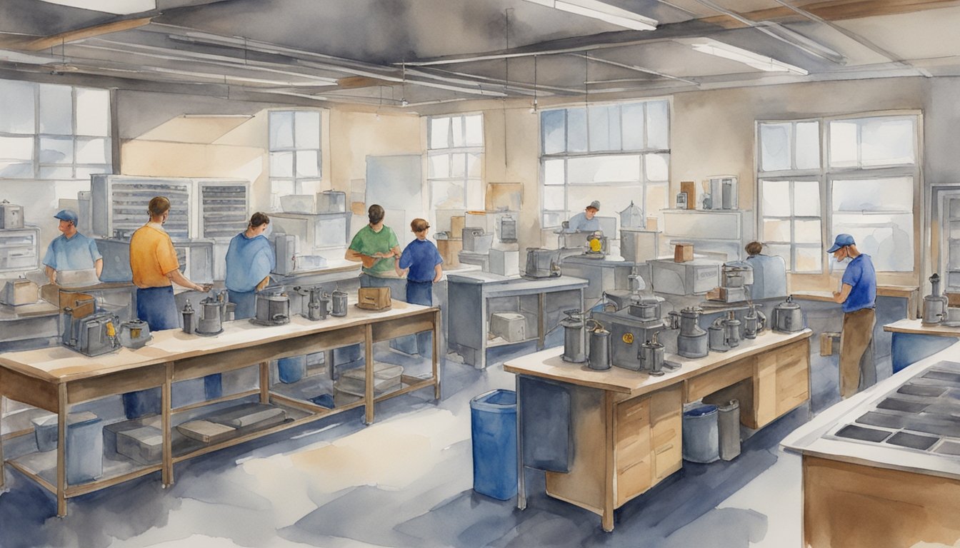 A classroom filled with HVAC equipment and tools, students working on hands-on projects, and instructors teaching theory and practical skills at Refrigeration School Inc