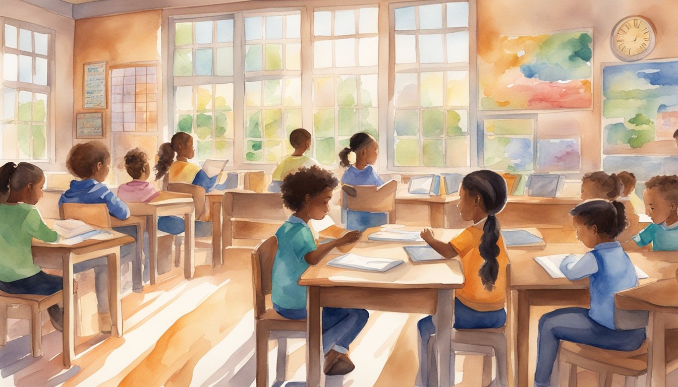 A colorful classroom with students engaged in interactive activities, books, and laptops.</p><p>A clock on the wall shows the passing time.</p><p>Sunlight streams through the window, creating a warm and inviting atmosphere