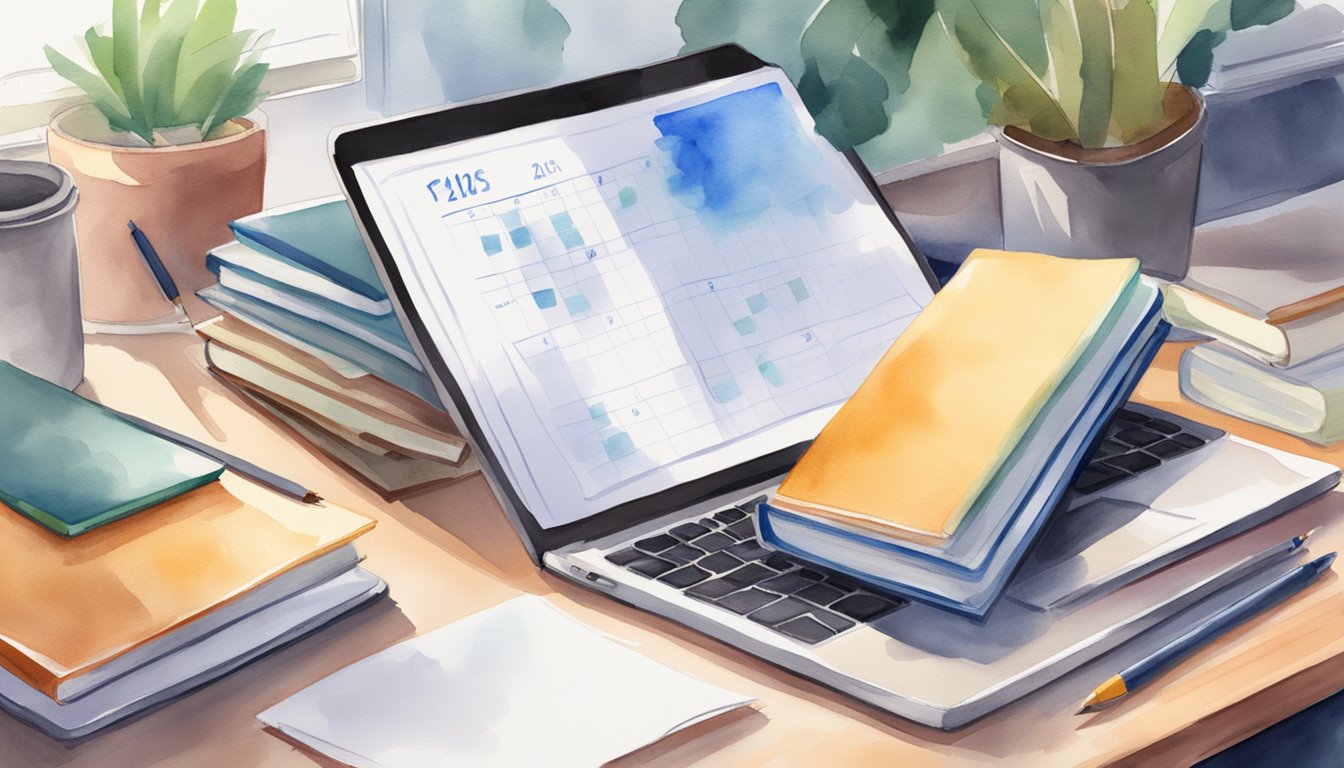 A stack of textbooks and study materials on a desk, with a laptop open to an online course.</p><p>A calendar with dates circled, indicating a fast-paced academic schedule