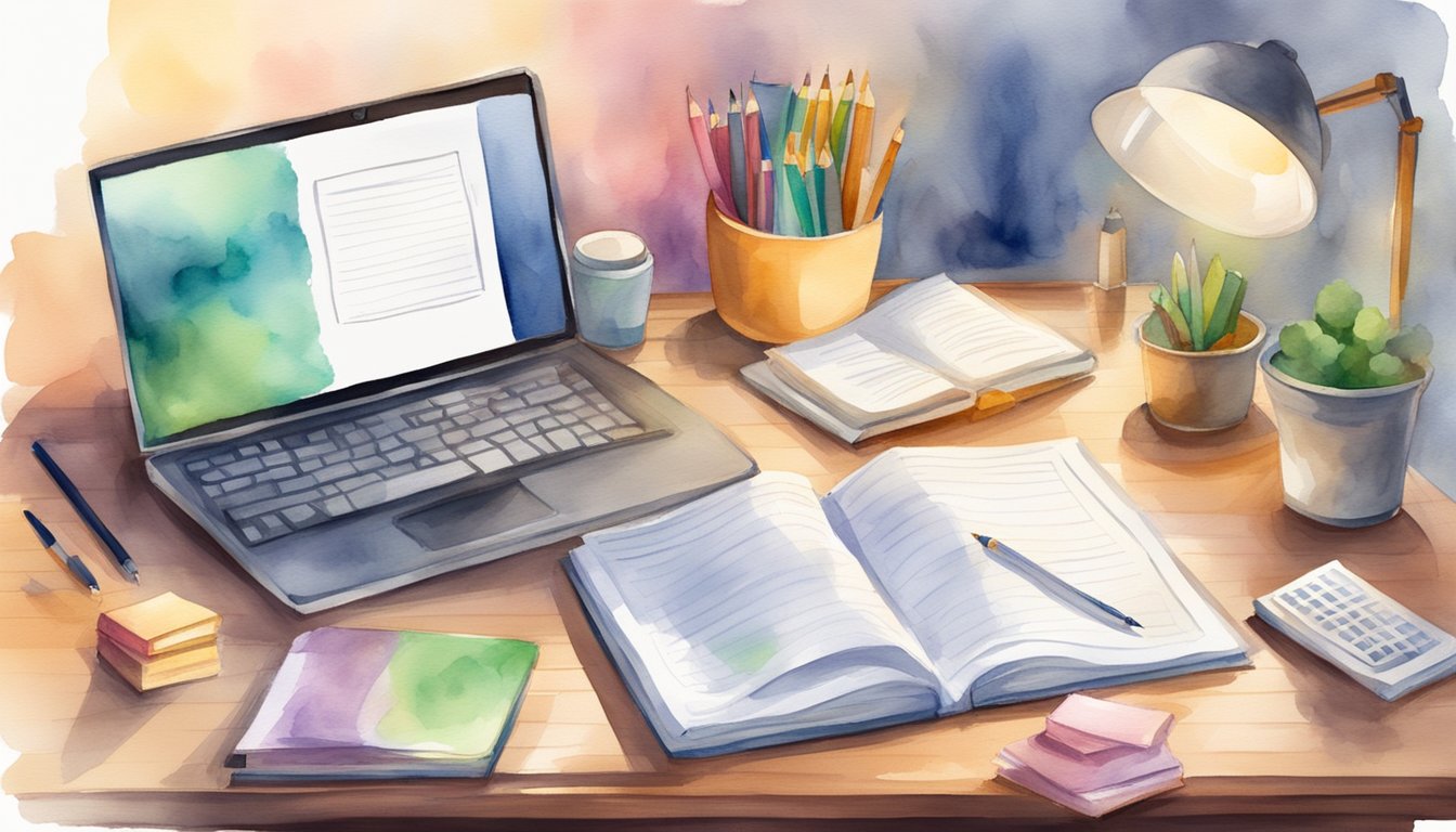 A student's desk with textbooks, a laptop, and study notes.</p><p>A calendar with deadlines.</p><p>A trophy for academic achievement.</p><p>An open college application form.</p><p>A list of extracurricular activities.</p><p>A certificate of excellence.</p><p>A bright spotlight on the