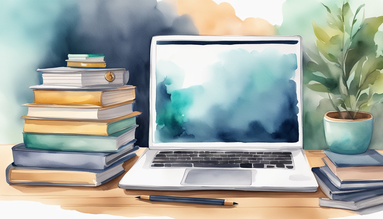 A laptop open on a desk, surrounded by books and notes.</p><p>A clock on the wall ticking away.</p><p>Online learning platform tabs open on the screen