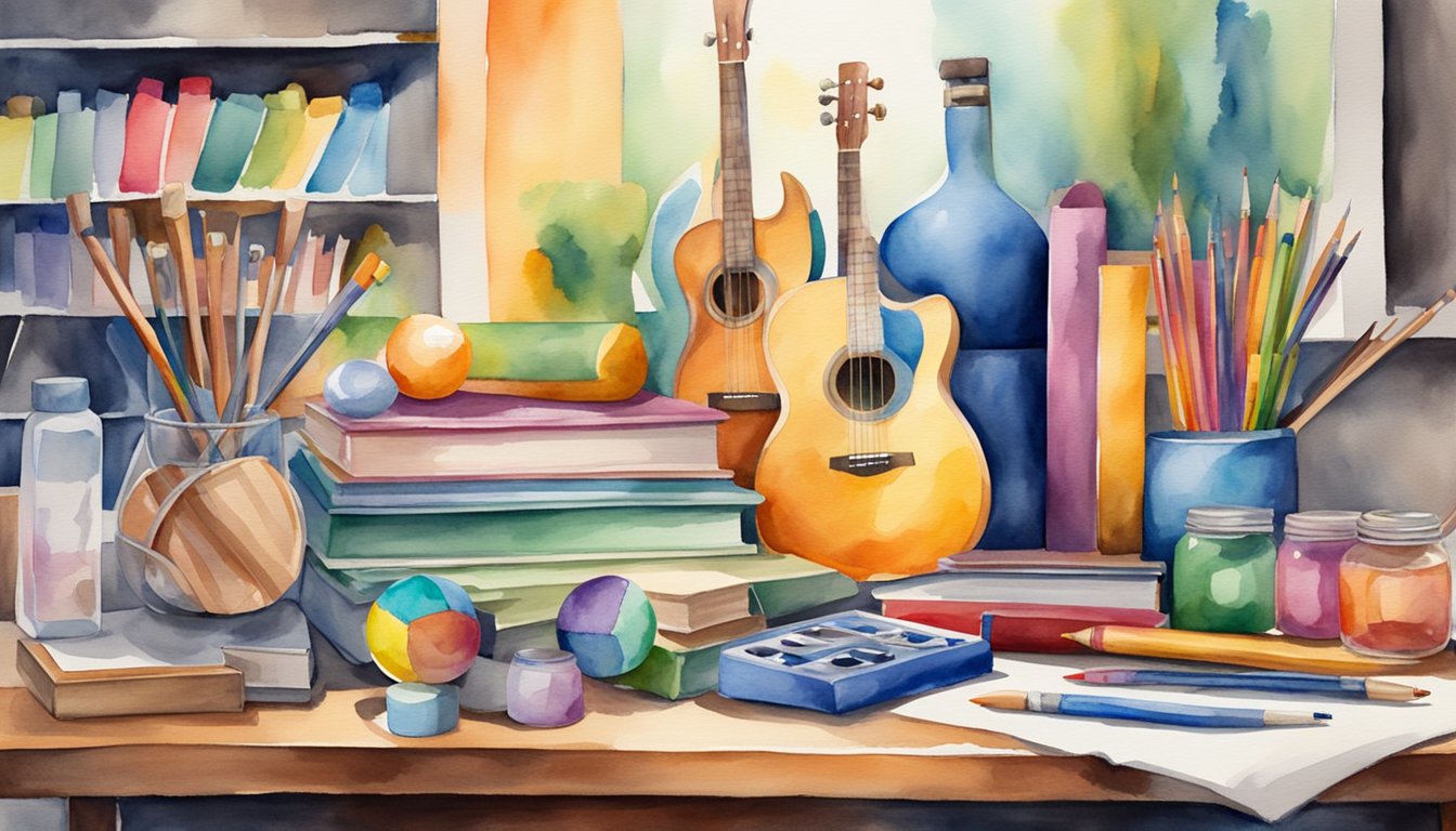 A colorful display of art supplies, musical instruments, sports equipment, and academic awards arranged on a desk or shelf