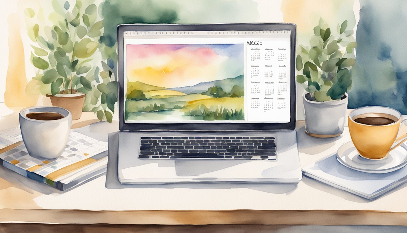 A calendar with labeled time slots and days of the week, a laptop with an open online class platform, a notebook and pen for note-taking, a quiet study space with good lighting, a comfortable chair, and a cup of coffee or water