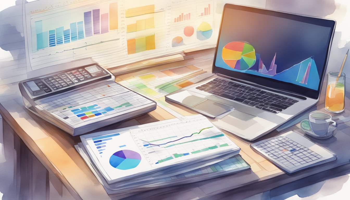 A table with charts, graphs, and financial reports.</p><p>A laptop open to a spreadsheet.</p><p>A calculator and pen.</p><p>A stack of business books