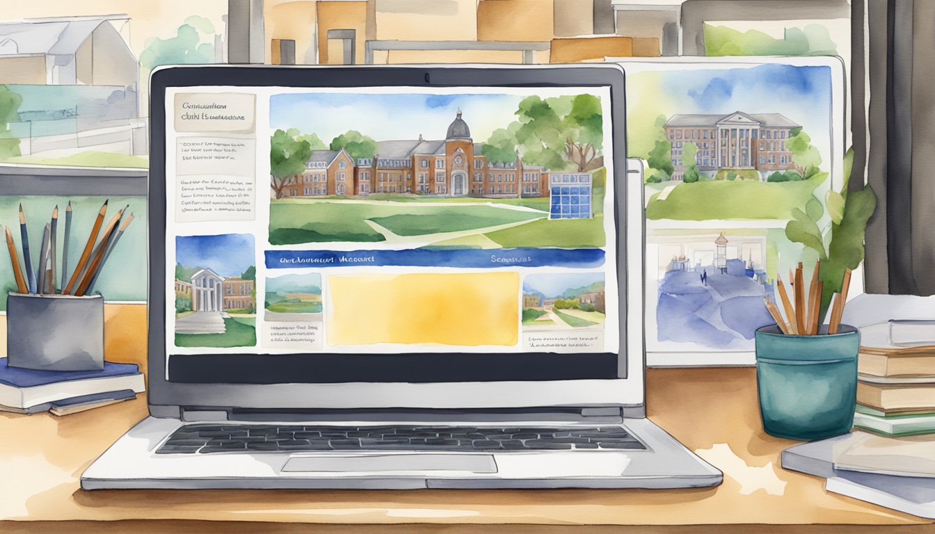 A laptop displaying official college websites with campus photos, virtual tours, maps, and student testimonials.</p><p>Tabs open for academics, admissions, and campus life