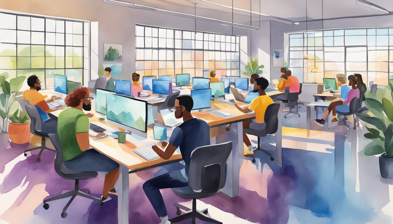 A group of diverse individuals sit in a modern, open-concept office space, each engrossed in their laptops and coding bootcamp materials.</p><p>The room is filled with natural light and vibrant, motivating colors