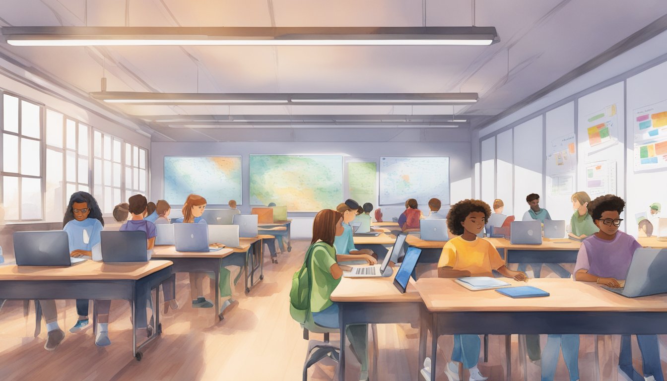 A classroom filled with diverse students coding at their desks, with the Le Wagon 8 logo displayed prominently on the wall