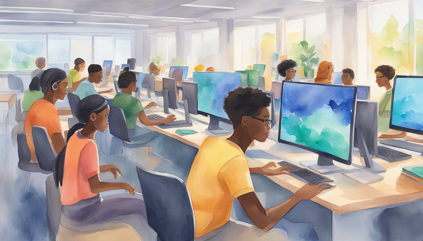 A group of diverse individuals sit at computer stations, coding and collaborating in a bright, modern classroom setting.</p><p>The room is filled with the hum of activity and the glow of computer screens