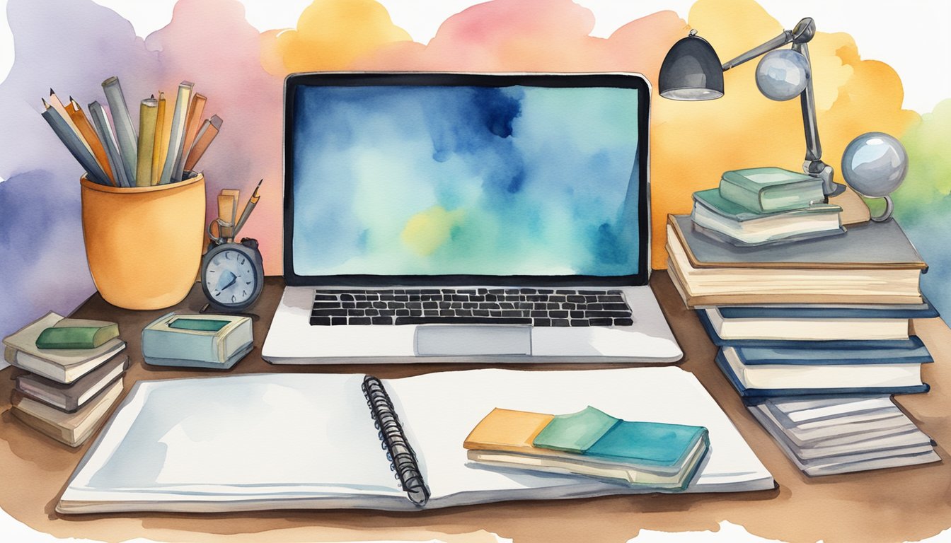 A desk with a laptop, books, and a career guide.</p><p>A thought bubble with various job symbols.</p><p>A scale weighing interests and skills