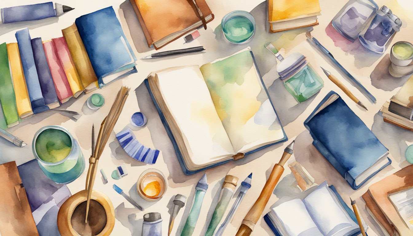 A colorful collage of books, art supplies, musical instruments, and scientific tools scattered on a desk, representing diverse interests and passions for choosing a college major