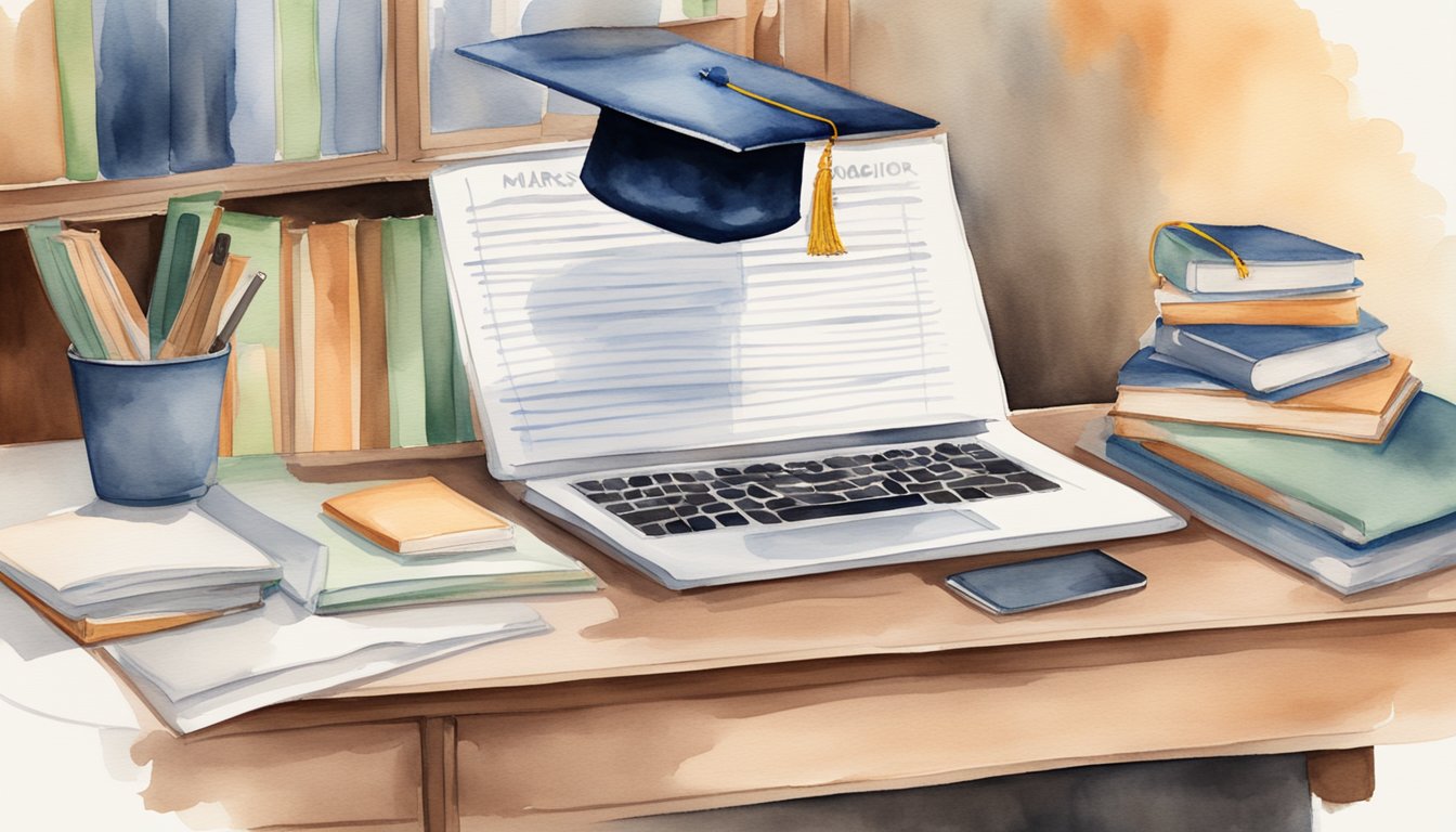 A desk with books, a laptop, and a list of potential majors.</p><p>A graduation cap and diploma on the wall.</p><p>A chart comparing job prospects and salaries for different majors