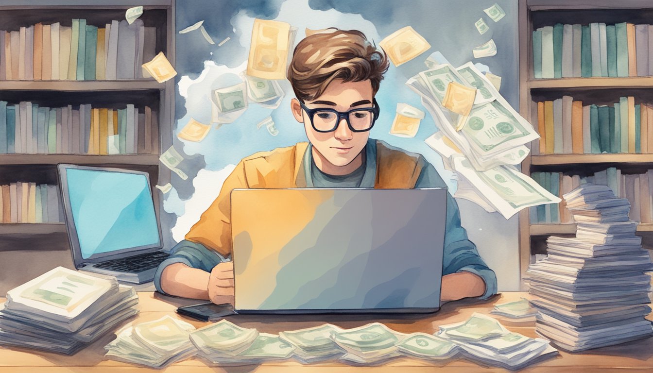 A student sitting at a desk, surrounded by books, a laptop, and financial documents.</p><p>A thought bubble above their head with dollar signs and question marks