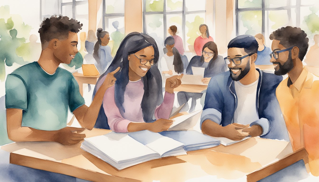 A diverse group of non-traditional students engage in lively discussions and collaborative learning in a modern, inclusive college campus setting