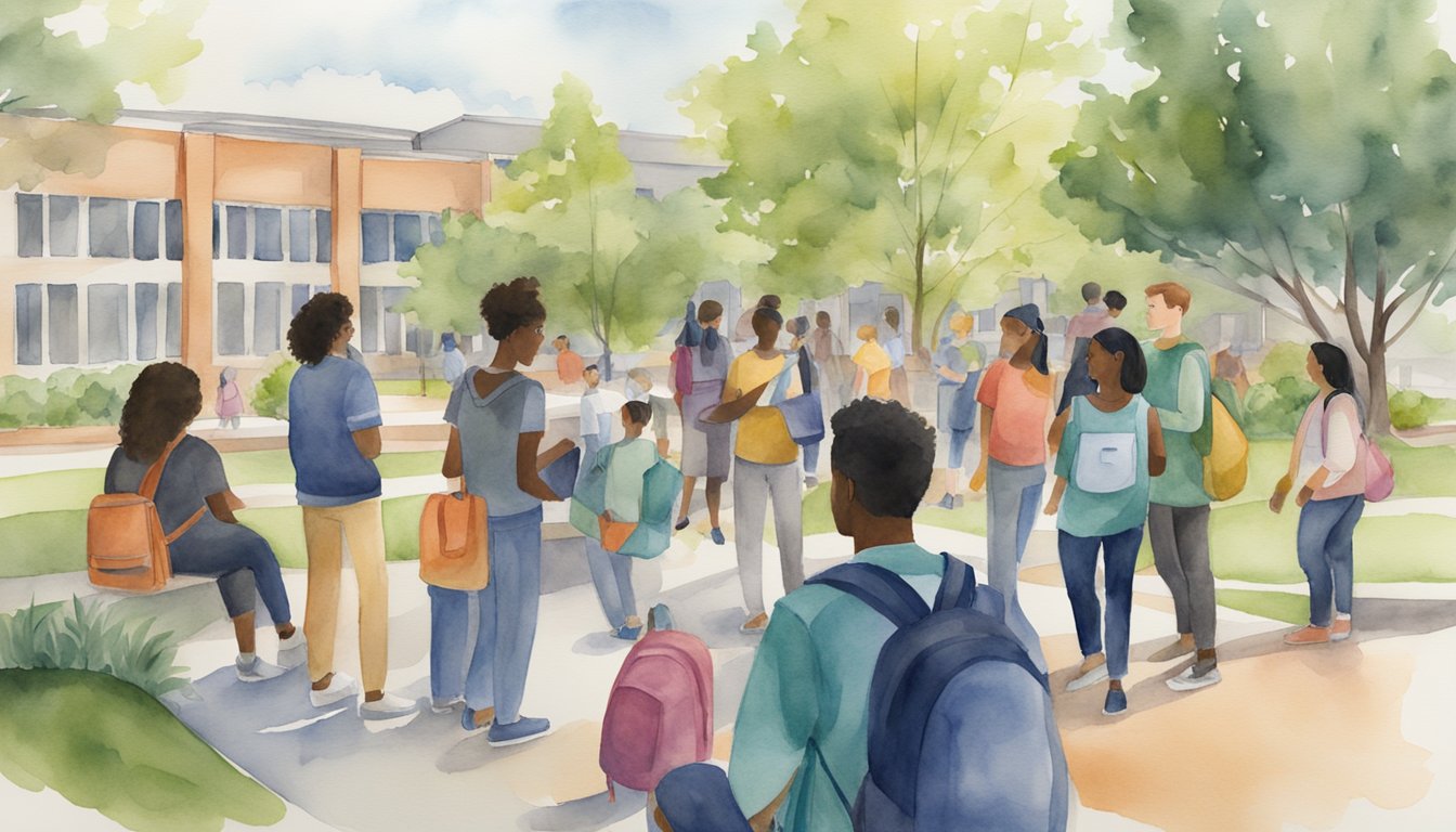 A diverse group of non-traditional students gather in a welcoming campus environment, utilizing support services and resources provided by the college