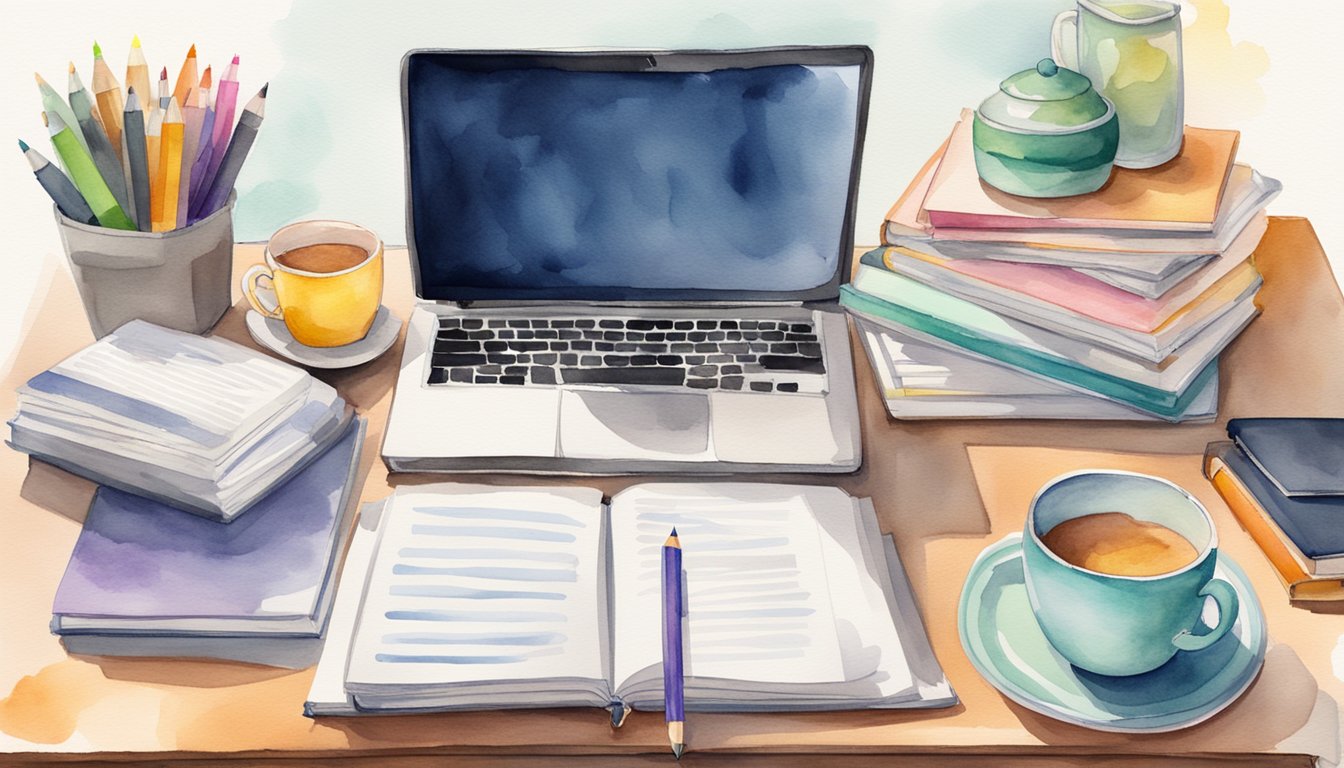 A desk with a laptop, textbooks, and flashcards scattered around.</p><p>A pencil and highlighter lying on top of the open book.</p><p>A cup of coffee or tea nearby