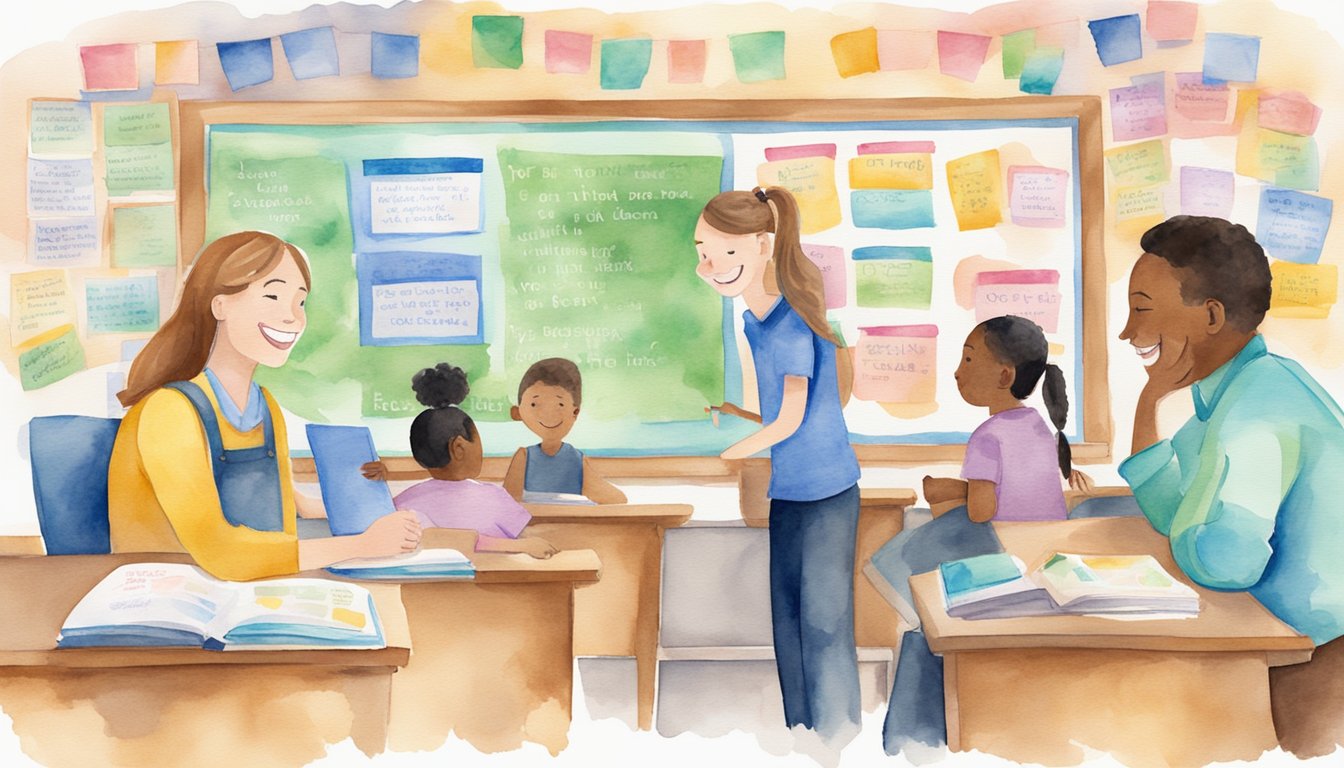 A classroom bulletin board adorned with colorful student work and positive messages.</p><p>A smiling teacher and parent engage in a friendly conversation