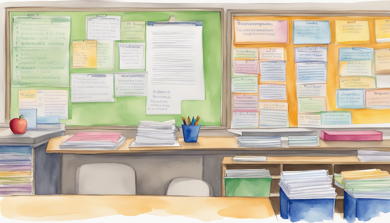 A teacher's desk with a neatly organized stack of papers, a whiteboard with the words "Classroom Expectations" written in bold letters, and a bulletin board displaying 8 tips for effective parent-teacher communication