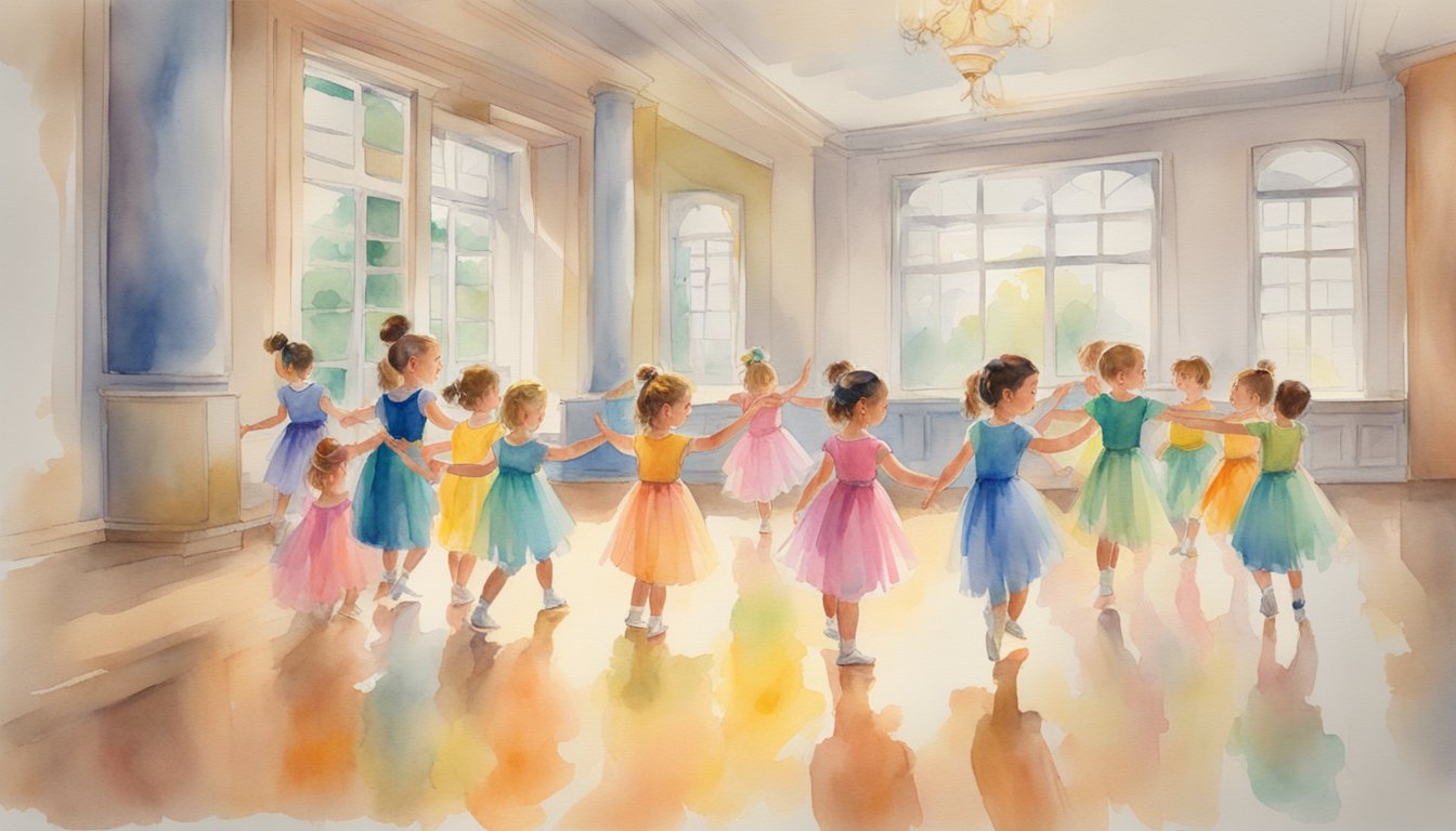 Children in colorful dance attire follow an instructor's movements on a virtual screen, mirroring the steps with enthusiasm and grace