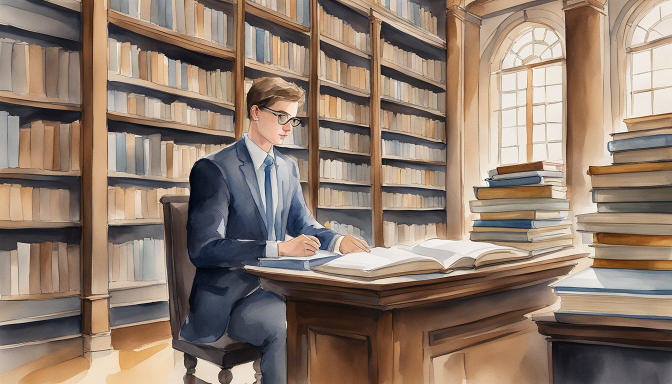 A law school student diligently studies in a quiet library, surrounded by towering bookshelves and legal texts.</p><p>A focused expression and organized notes depict their dedication to success