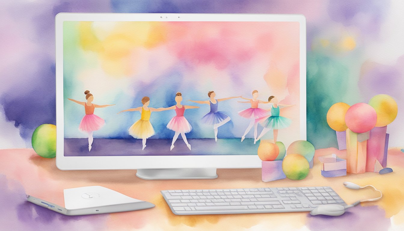 Children's dance class logos displayed on a computer screen surrounded by colorful dance props and a ballet barre