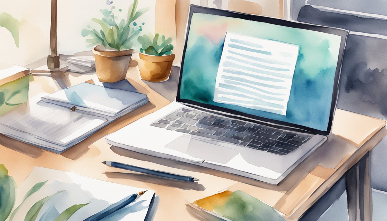 A laptop on a clutter-free desk with a list of "8 Best Online Colleges for Busy Adults" displayed on the screen