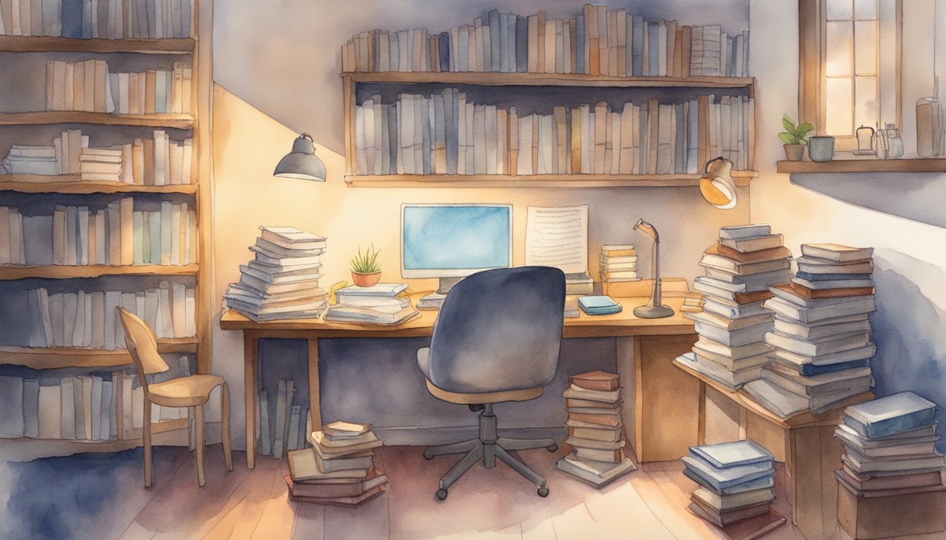 A cluttered desk with open textbooks and a laptop on one side, and a cozy reading nook with a comfortable chair and soft lighting on the other