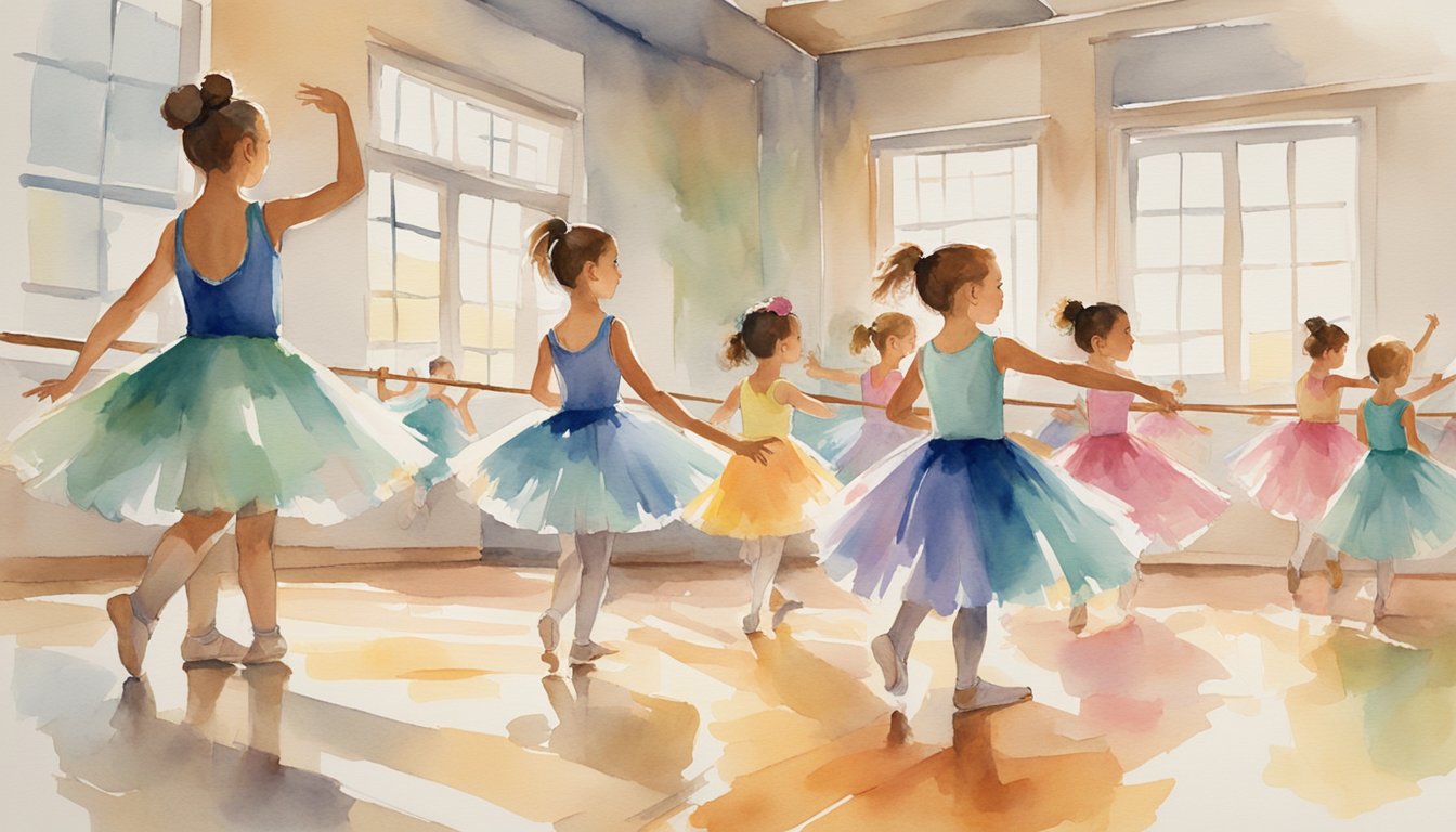 A group of children in colorful dance attire follow their instructor's movements in a bright, spacious studio with mirrors and barres