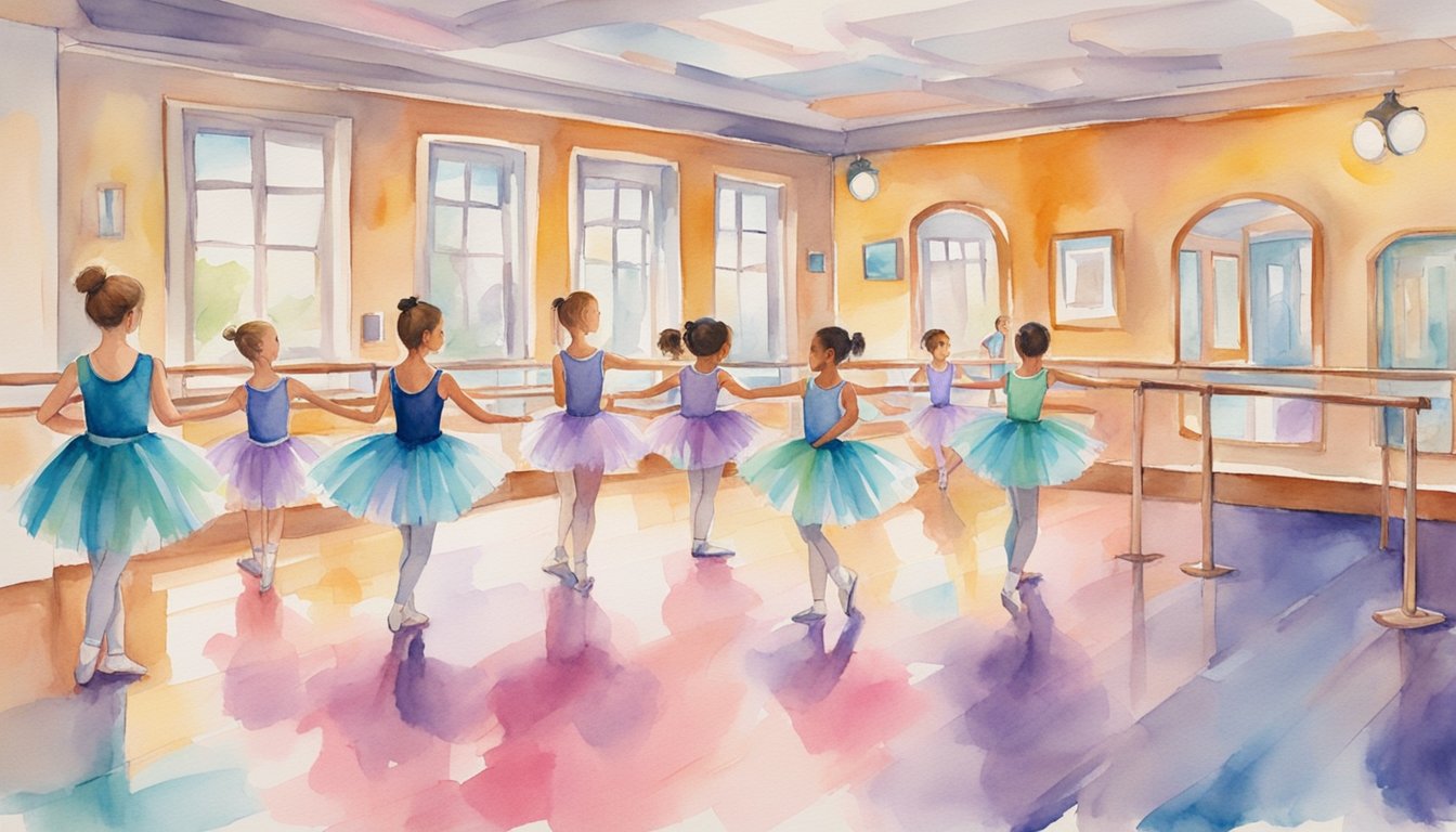 Colorful dance studio with ballet barre, mirrors, and vibrant dance floor.</p><p>Children in tutus and leotards practicing various dance moves with a joyful and energetic atmosphere