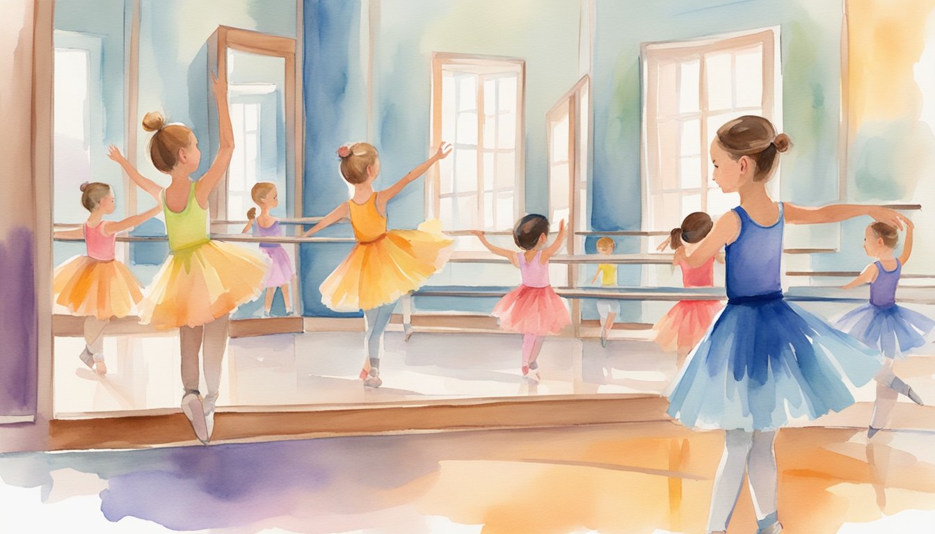 Children's dance class online: colorful virtual studio with ballet barre, mirrors, and joyful music.</p><p>Instructor leads kids in dance moves with enthusiasm