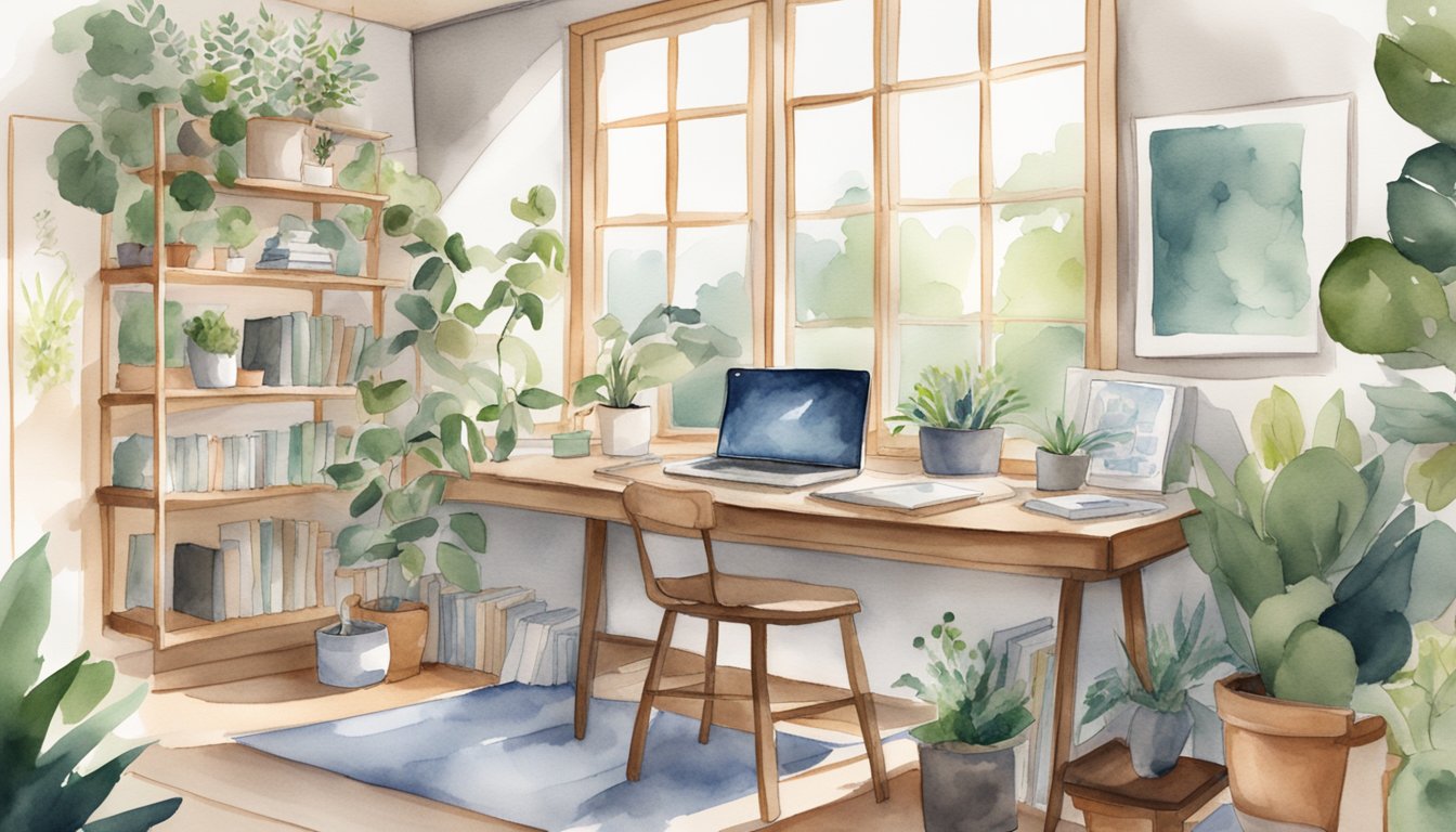 A serene room with natural light, plants, and a cozy workspace.</p><p>A laptop and notebook sit on a desk, surrounded by motivational books and a vision board