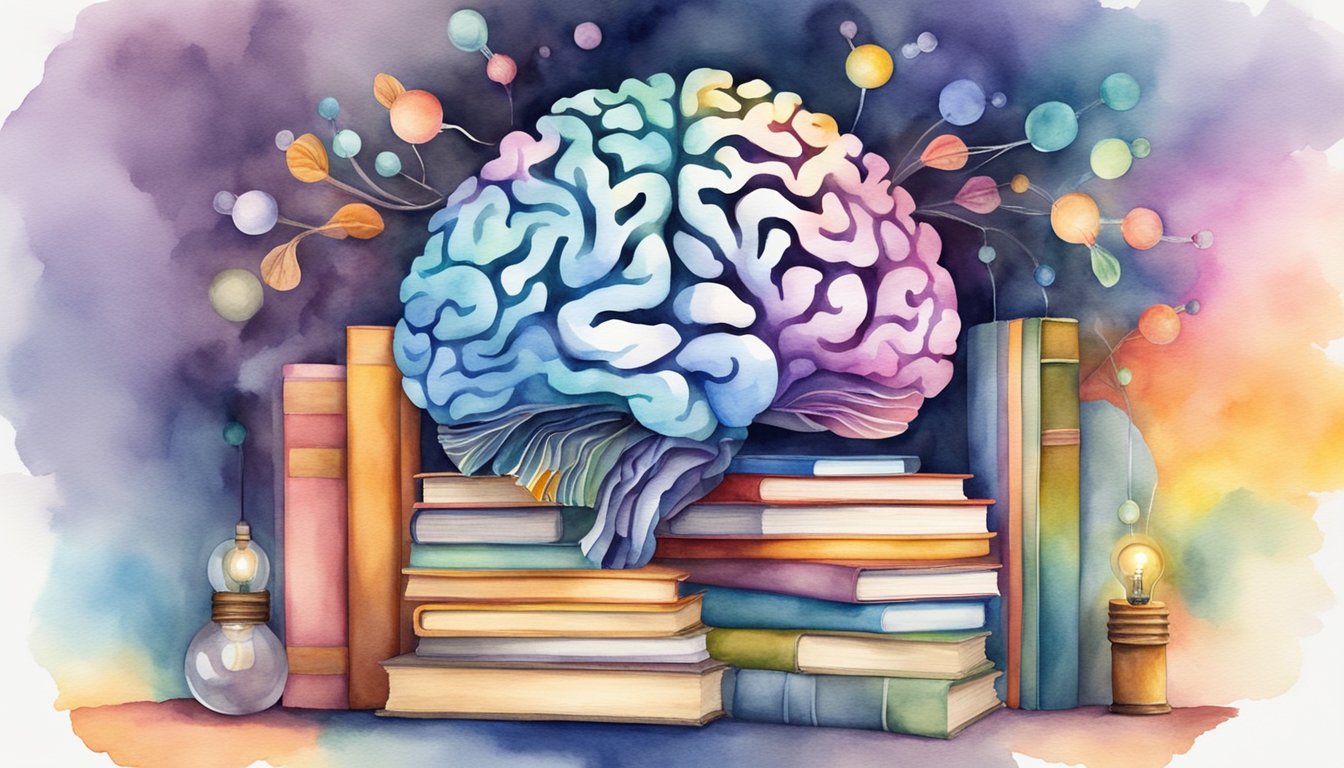 A colorful brain surrounded by books, a computer, and a lightbulb, symbolizing the process of learning and personal development