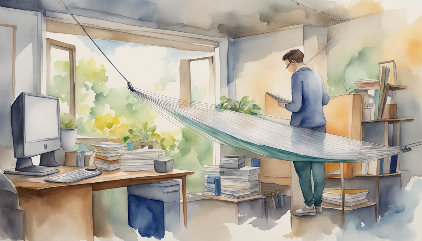 A person stands on a tightrope, balancing work and life.</p><p>On one side, a pile of office supplies and a computer.</p><p>On the other, a hammock and a book