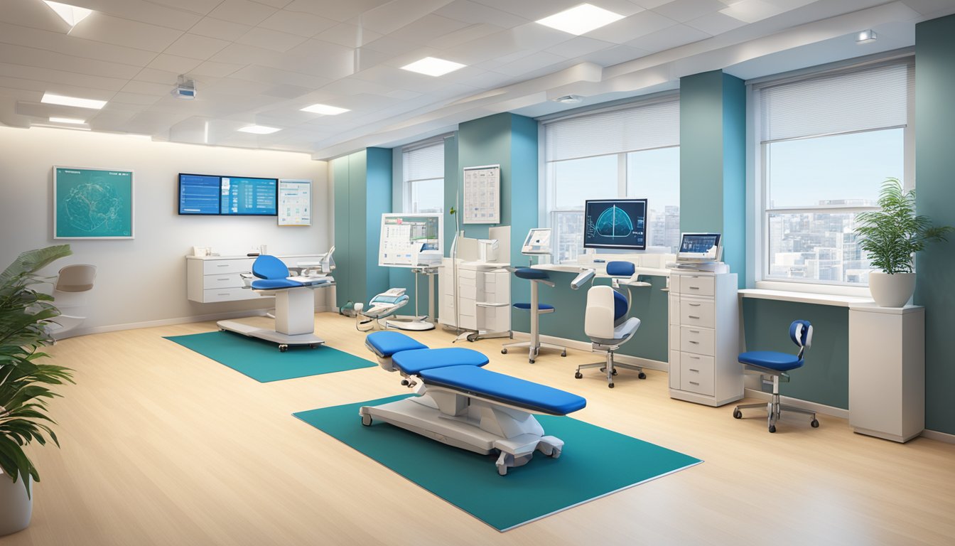 A modern, sleek medical office with the Harley Street Heart & Vascular Centre logo prominently displayed. Medical equipment and charts line the walls, creating a professional and efficient atmosphere
