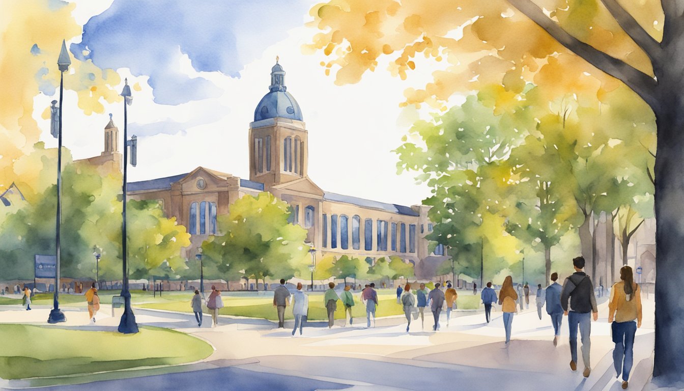 A bustling campus with iconic architecture, students walking between modern engineering buildings, and the University of Michigan—Ann Arbor sign in the background